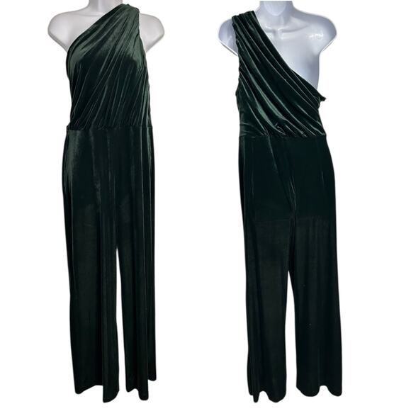 Express Velvet One Shoulder Wide Leg Jumpsuit Women's Large Ruched Forest Green - Picture 1 of 7